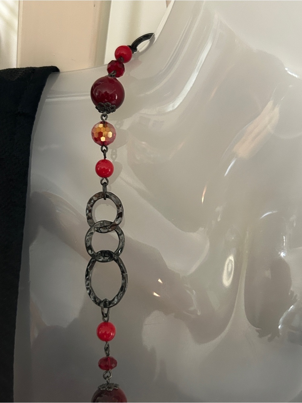 Red Beaded Long Necklace with Textured Rings​ - Picture 8 of 12